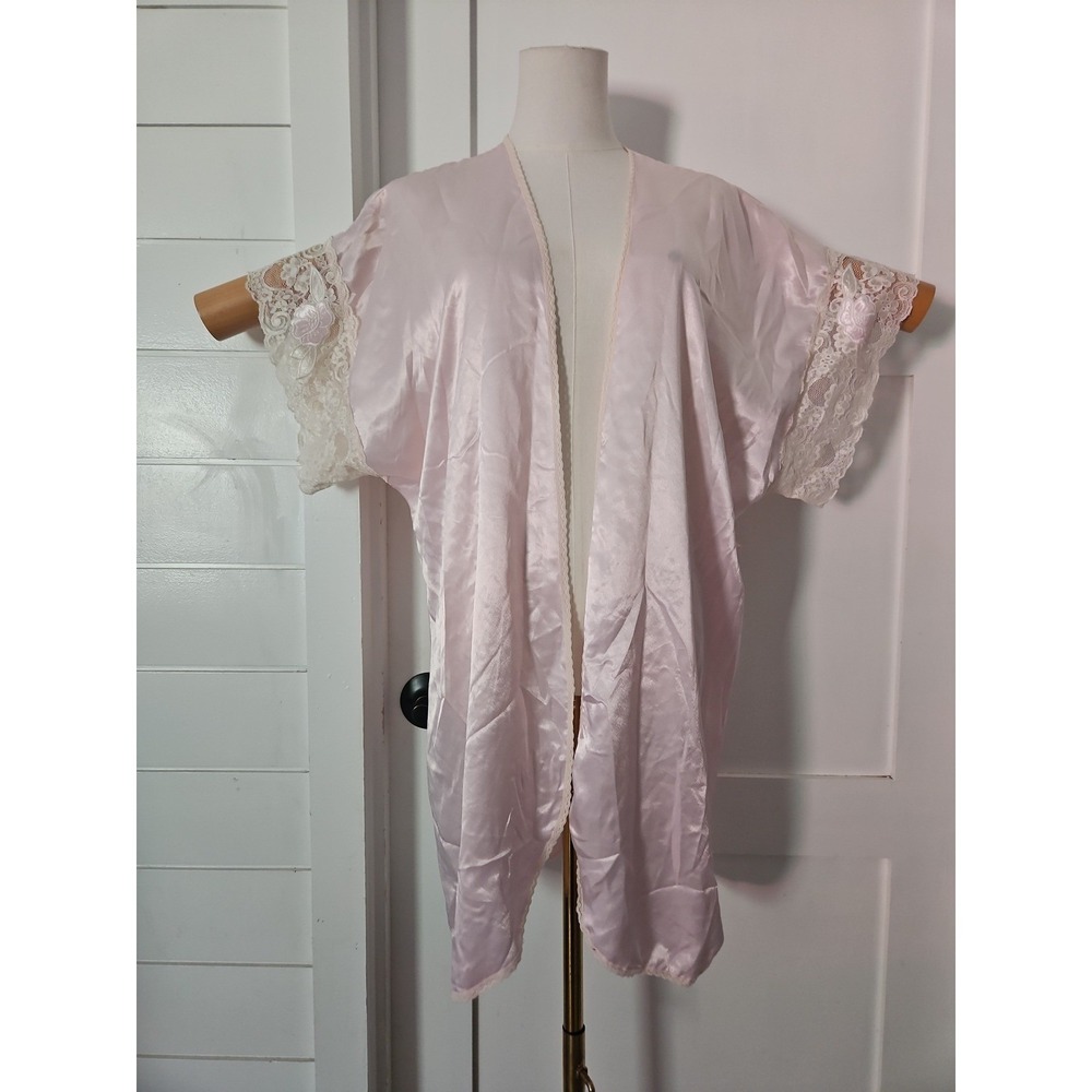 Vtg Val Mode Lingerie Pink Satin Lace Robe Medium Coquette Cottagecore USA